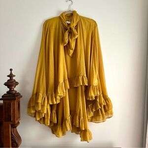 Chic Mustard Ruffle Cape Blouse